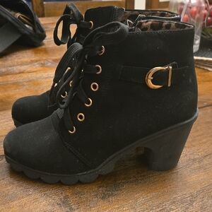 Black and Gold Lace Up Boots with Chunky Heel